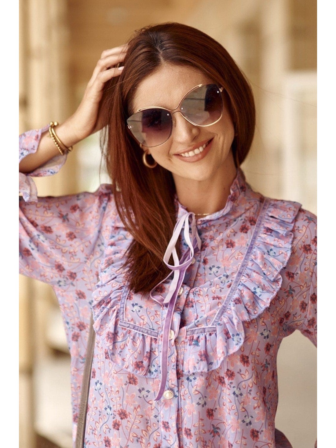 Chiffon shirt with flowers, purple 8100 - Online store - Boutique